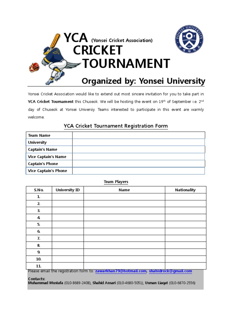 YCA Tournament Registration Form Cricket Gaming
