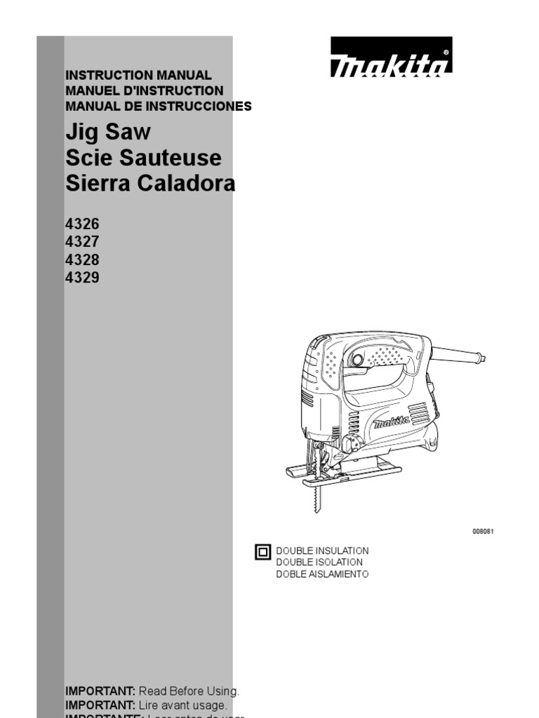 Makita Top Handle Jig Saw Instruction Manual 4329K Electricity Tools