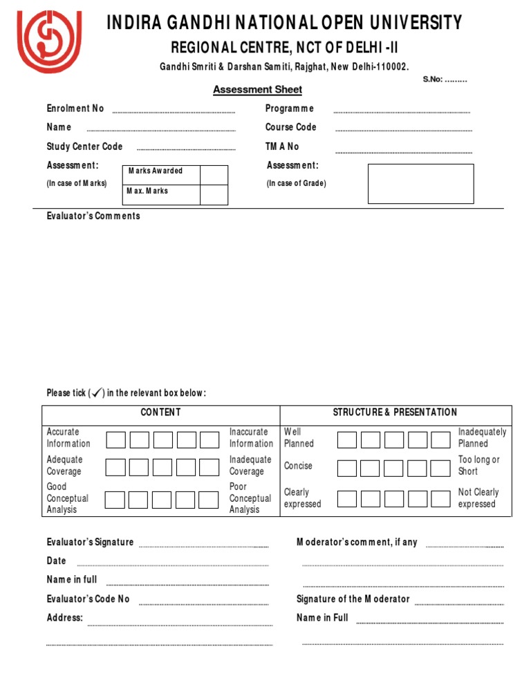 ignou assignment evaluation sheet pdf download