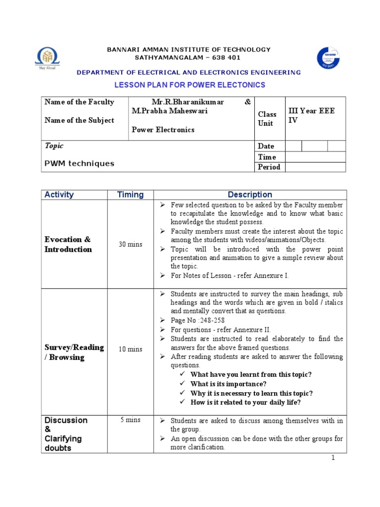 LESSON PLAN Power Electronics | PDF | Power Inverter | Mains Electricity