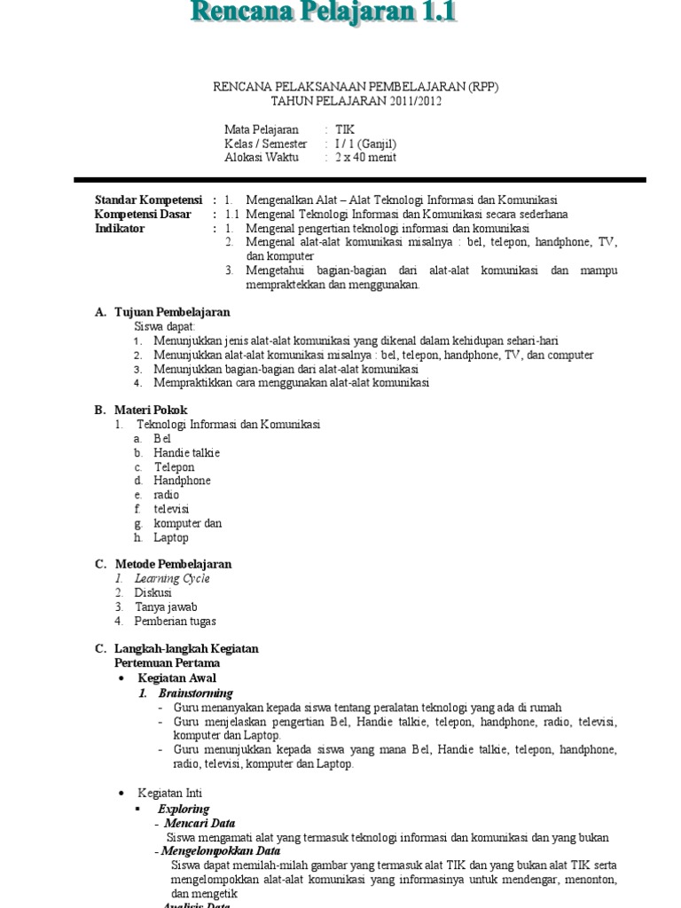 RPP Tik SD KLS 1 PDF