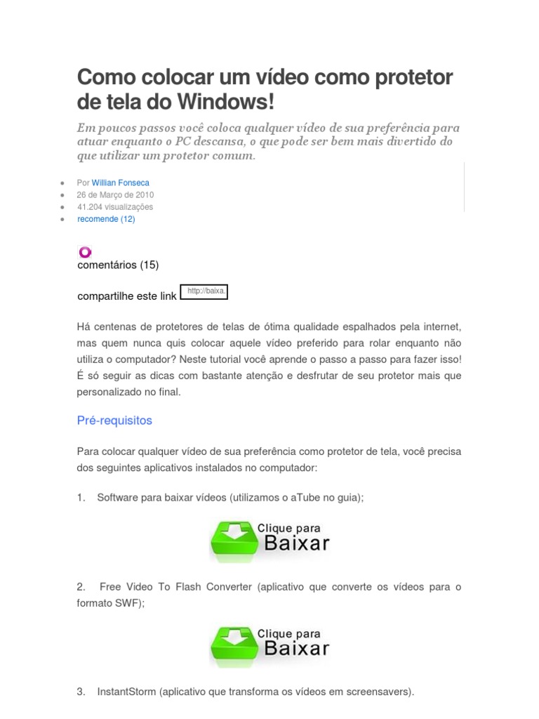 Como Colocar Um Vídeo Como Protetor de Tela Do Windows | PDF | YouTube ...