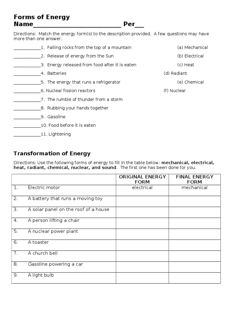 Energy Forms & Transformations Quiz | PDF | Technology & Engineering
