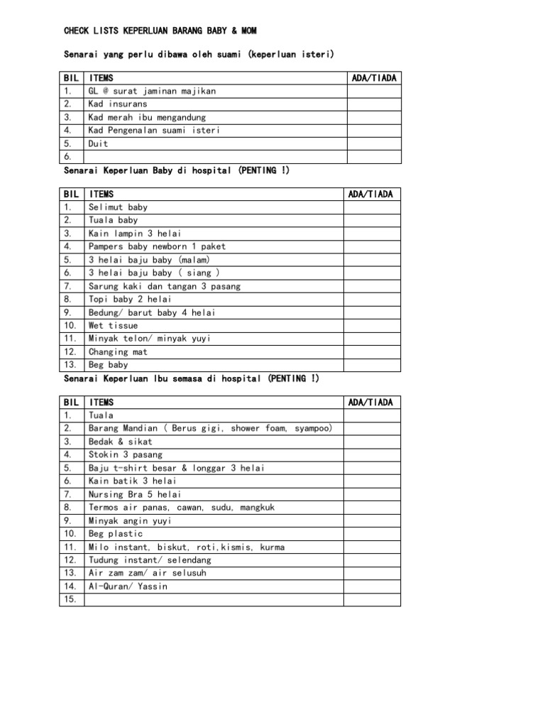 Check Lists Keperluan Barang Baby
