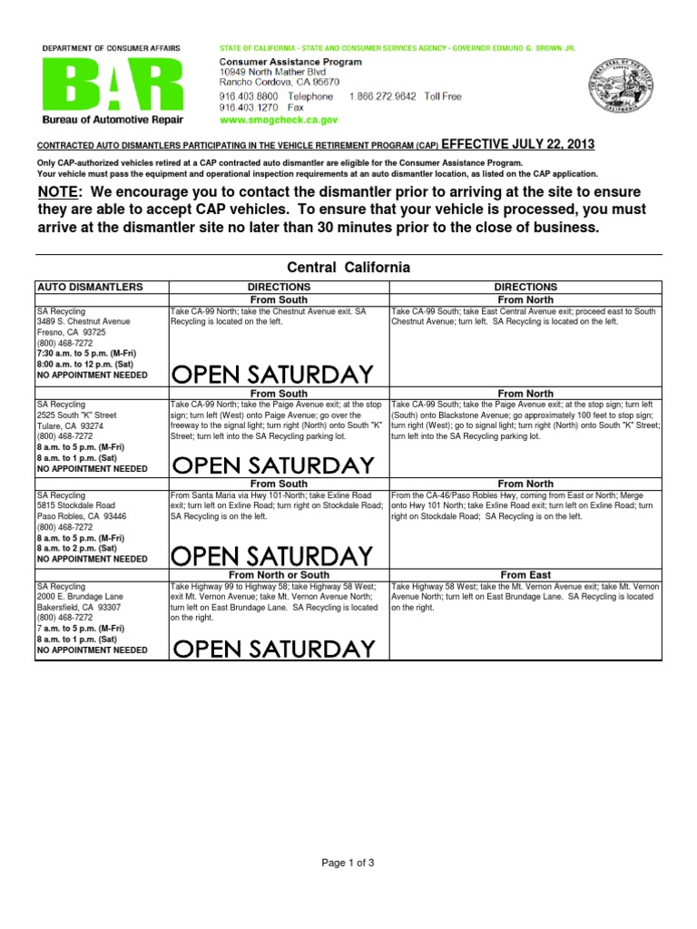 BUREAU OF AUTOMOTIVE REPAIR (AUTO DISMANTLERS PARTICIPATING IN THE