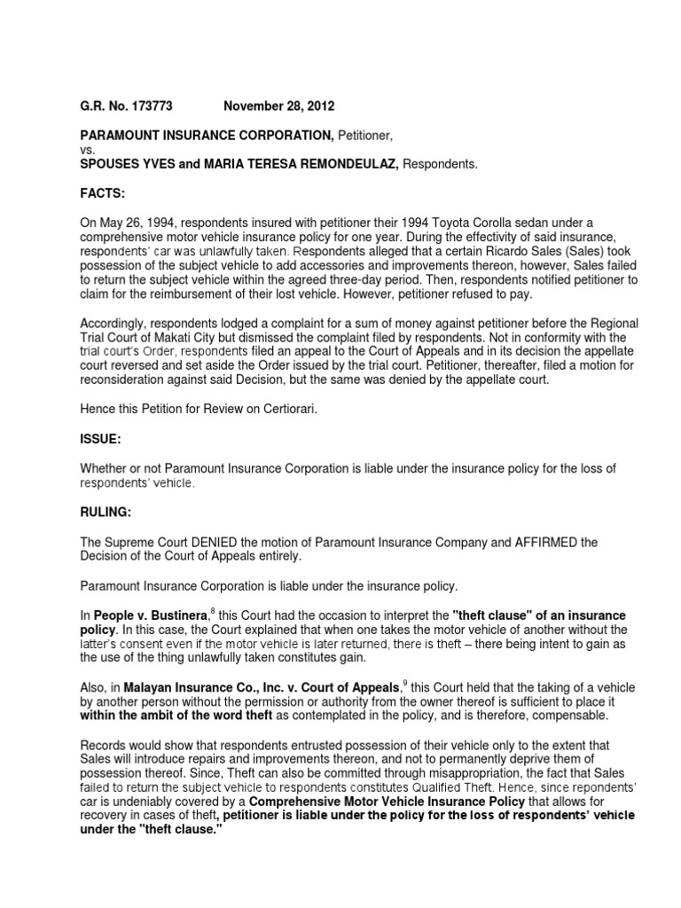 Paramount Insurance Liability Ruling | PDF | Theft | Insurance