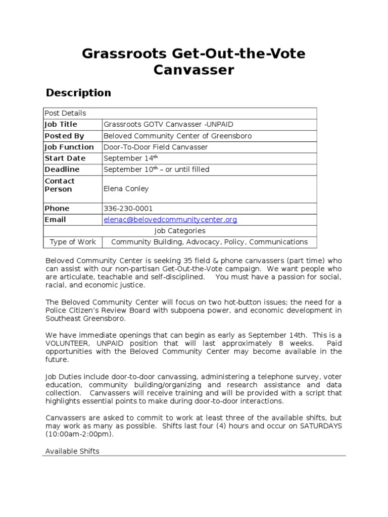 Canvasser Job Description Get Out The Vote Political Science Free