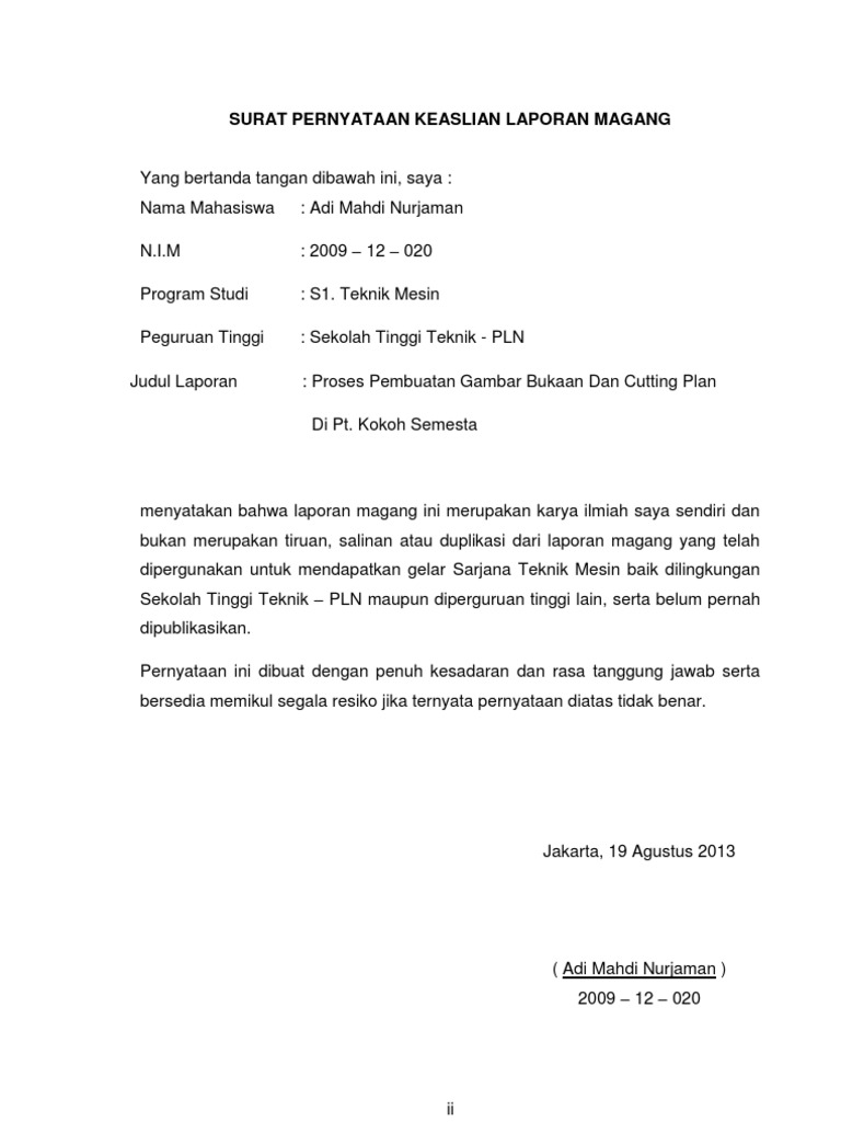 Surat Pernyataan Keaslian Laporan Magang