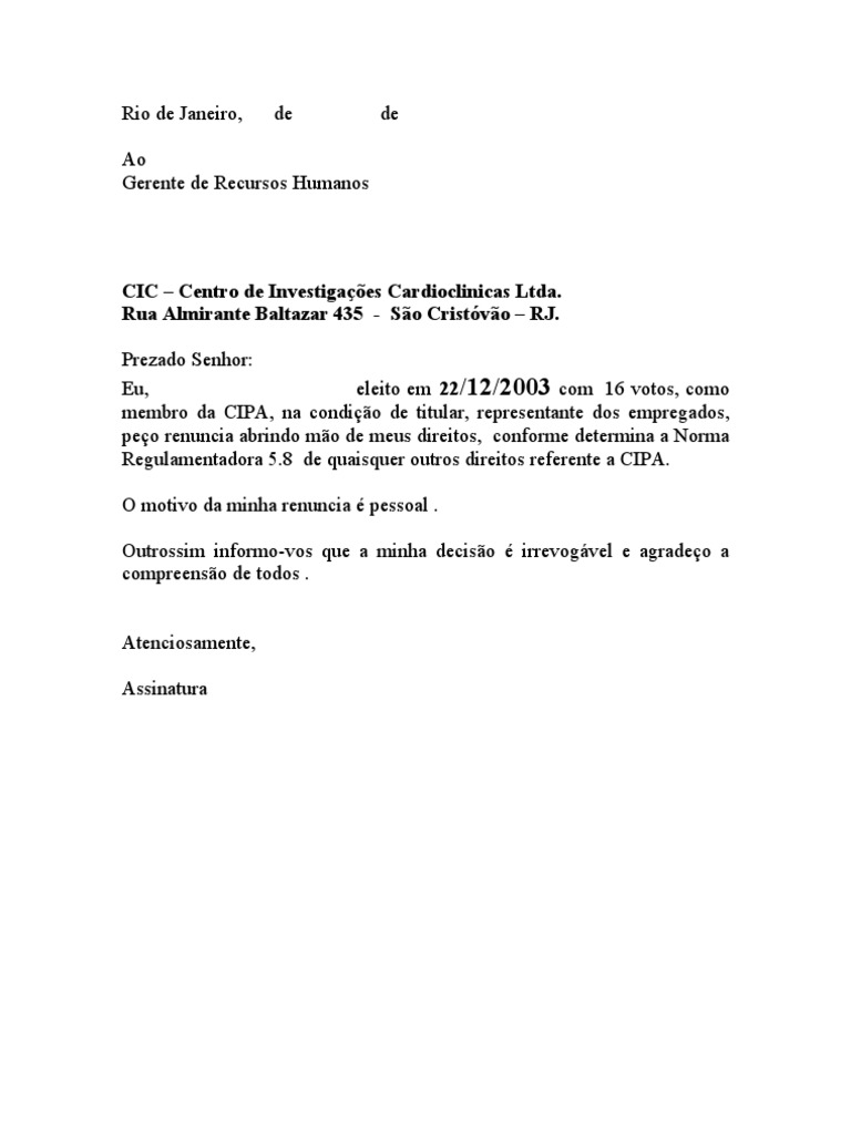 Modelo Carta de Renuncia CIPA Modelo Carta de Renuncia CIPA