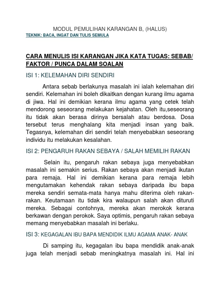 Modul Karangan Kata Kunci Sebab Dan Peranan Ibu Bapa Pdf