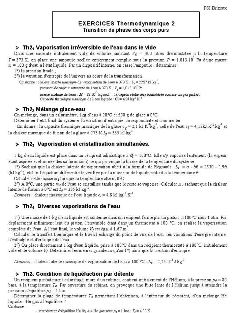 Exercices de thermodynamique avancée | PDF | Enthalpie de changement d ...