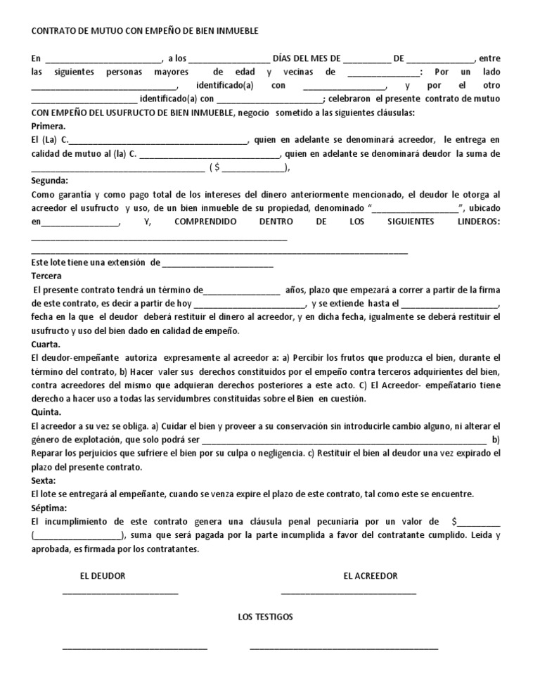 CONTRATO DE MUTUO CON EMPEÑO DE BIEN INMUEBLE