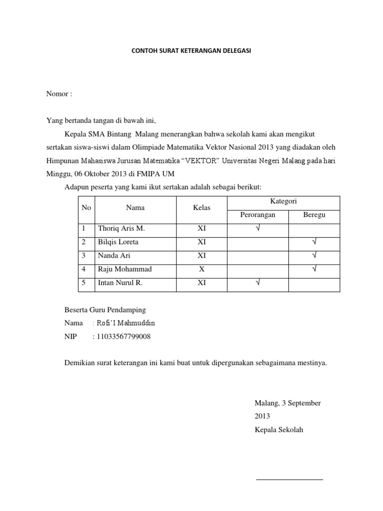 Contoh Surat Keterangan Delegasi