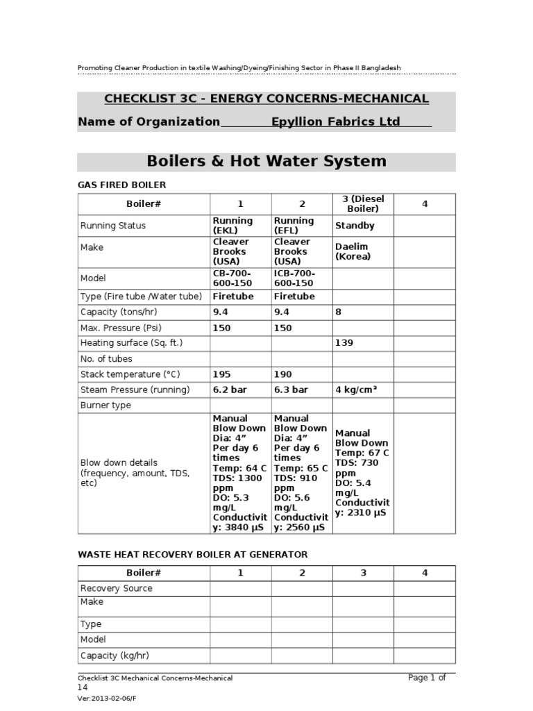 Thermal Checklist Epyllion Boiler Steam