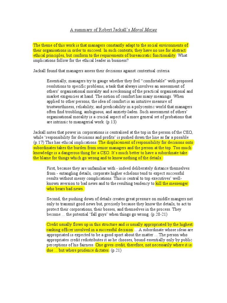 A Summary of Robert Jackall's Moral Mazes PDF Bureaucracy Hierarchy