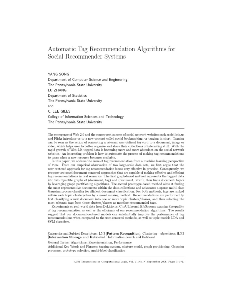 Automated Tag Recommendation Algorithms | PDF | Business