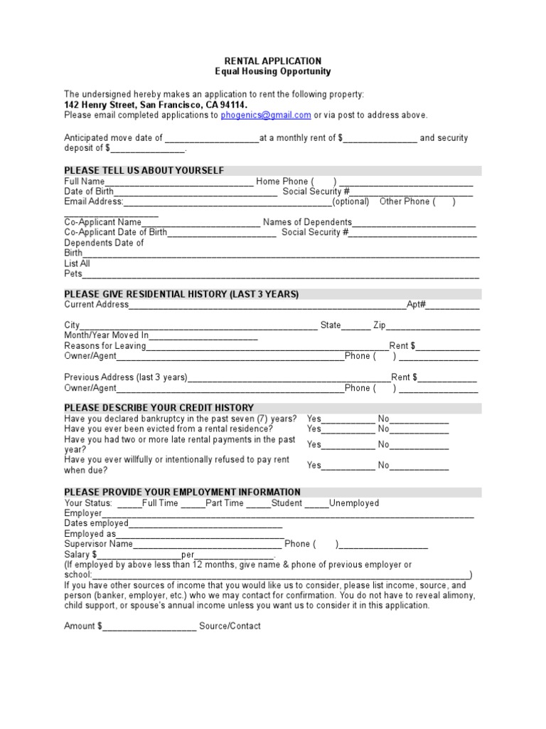 San Francisco Rental Application Form | PDF | Renting | Lease