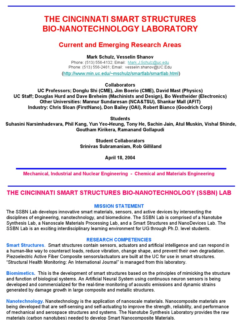 The Cincinnati Smart Structures Bio Nanotechnology Laboratory - 