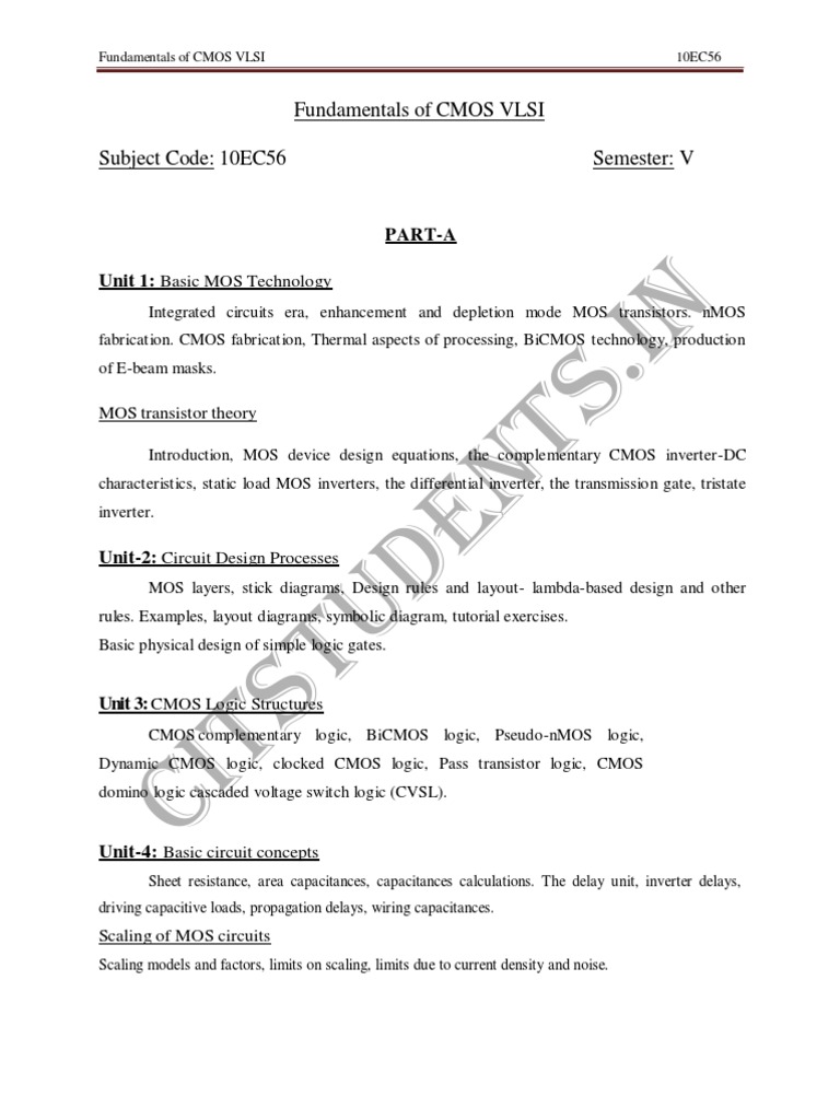 Ece-V-fundamentals of Cmos Vlsi (10ec56) - Notes | PDF | Cmos | Mosfet