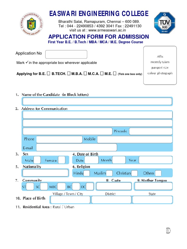Easwari Engineering College Admission Form | PDF