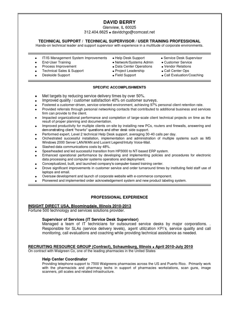 Help Service Desk Technical Supervisor In Chicago Il Resume David