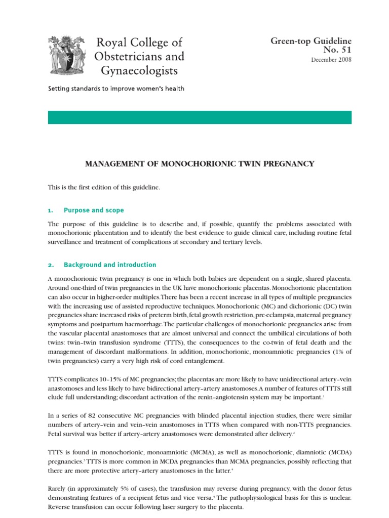 Management of Monochorionic Twin Pregnancy GreenTop Guideline No. 51