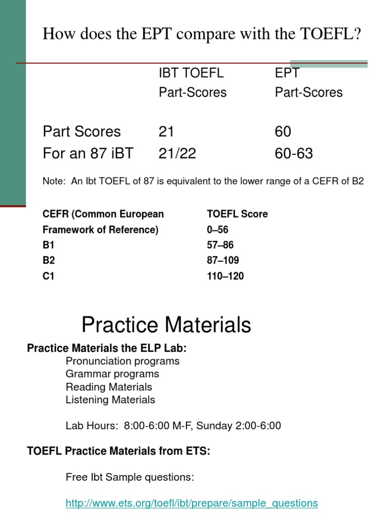 EPT and TOEFL Score Comparison Guide | PDF