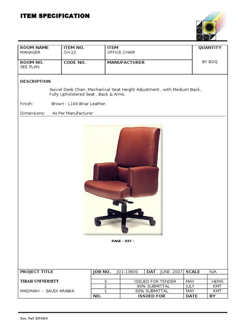 Office Chair Specification for Tender | PDF