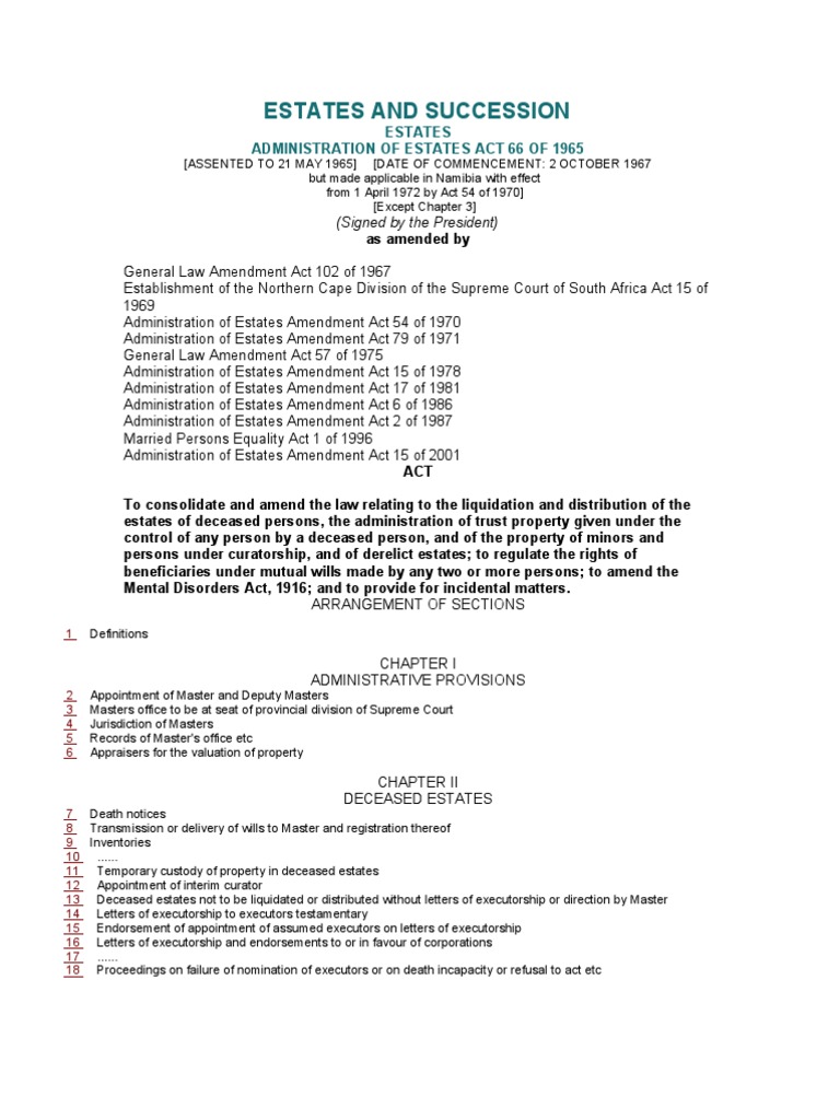 Administration of Estates Act 66 of 1965 PDF Executor Will And
