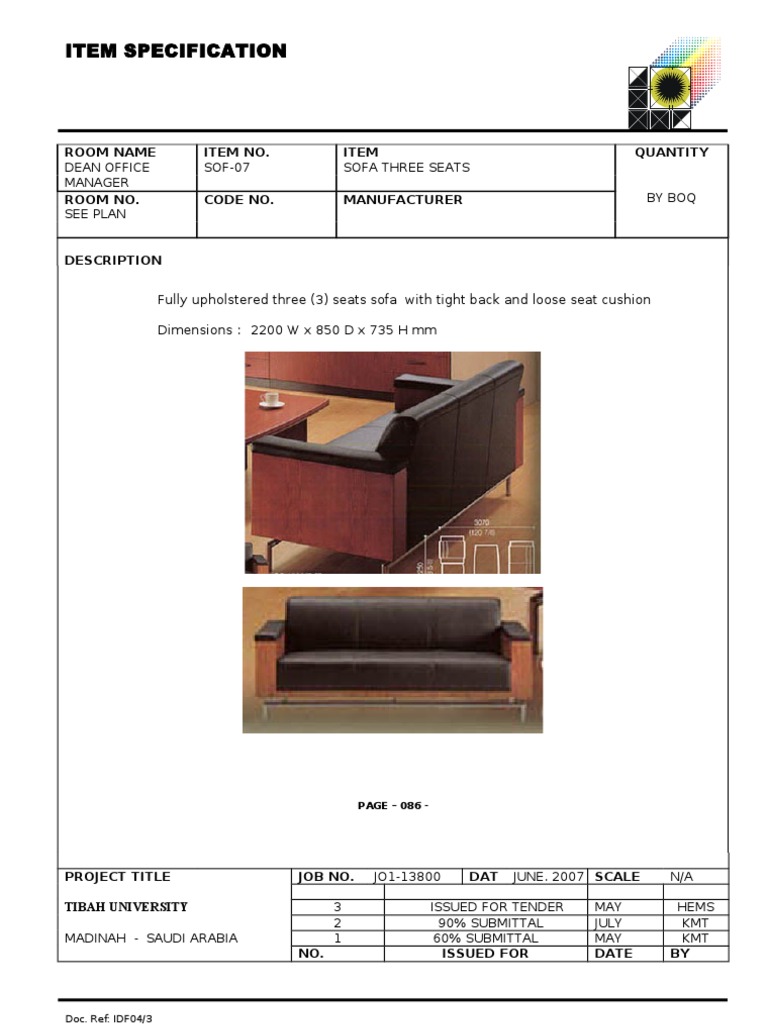 Three-Seat Sofa Specification for Tender | PDF | Technology & Engineering