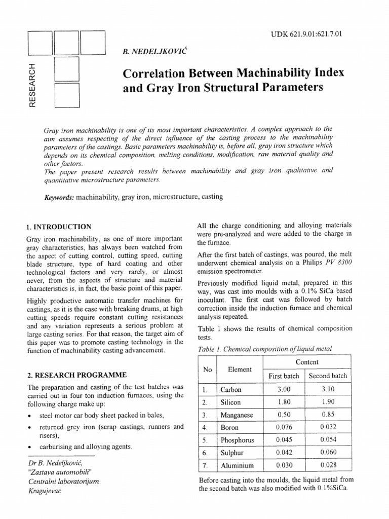 Correlation Between Machinability Index and Gray Iron Structural