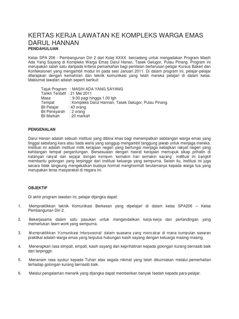 Kertas Kerja Lawatan Ke Kompleks Warga Emas Darul Hannan Pdf