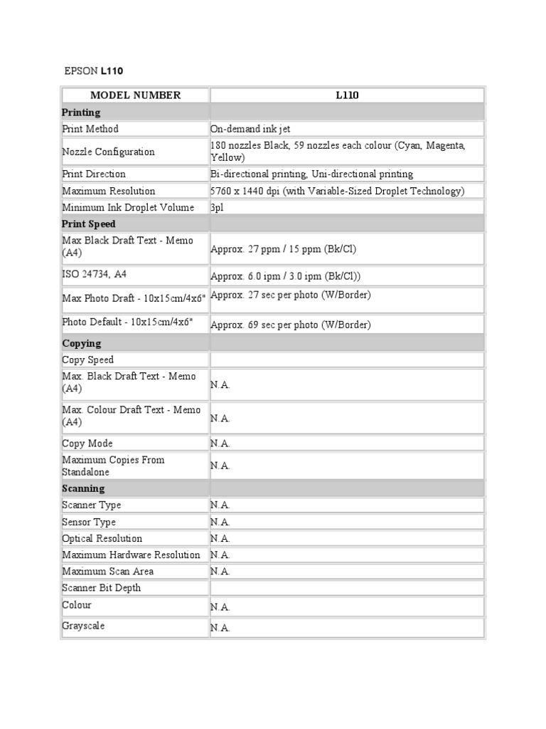 EPSON L110 Spec | PDF | Paper | Image Scanner