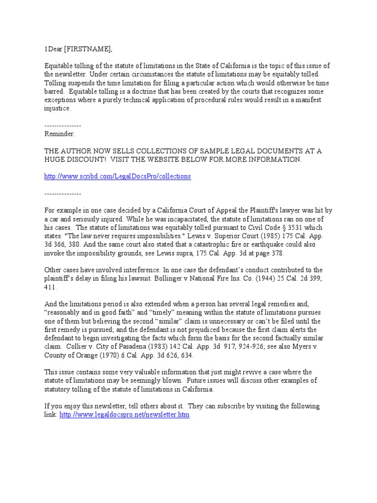 Equitable Tolling of The Statute of Limitations in California
