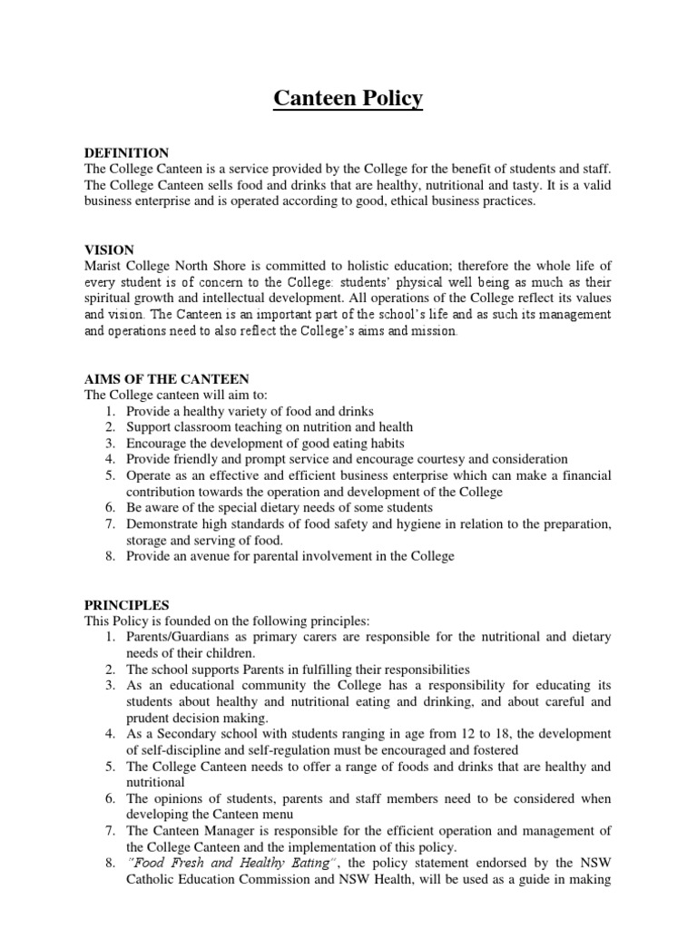 Canteen Policy Cafeteria Foods