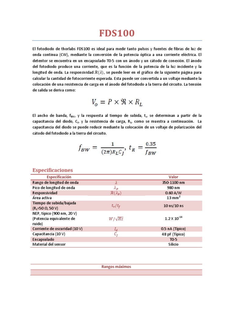 Fotodiodo Thorlabs FDS100: Especificaciones | PDF