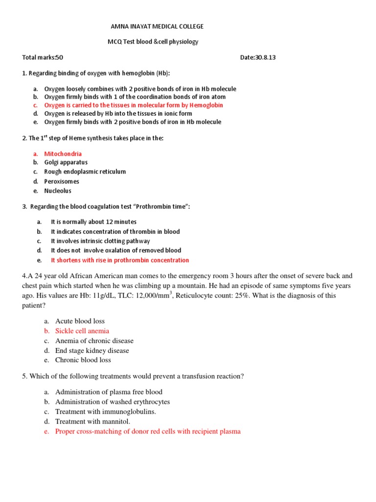 Blood and Cell Physiology MCQs With Key Anemia Red Blood Cell