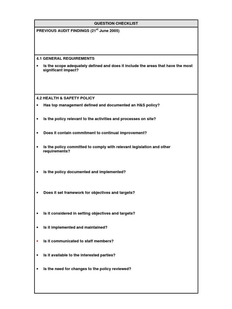OHSAS 18001 Internal Audit Checklist | PDF | Risk Assessment ...