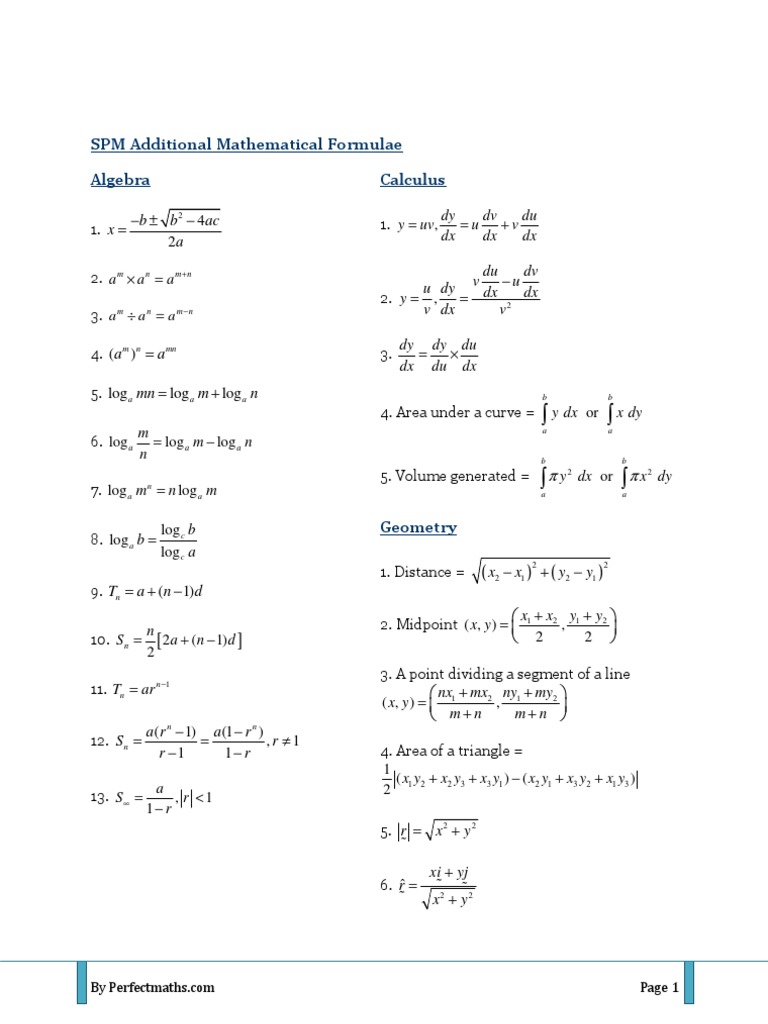 SPM Additional Mathematical Formulae PDF