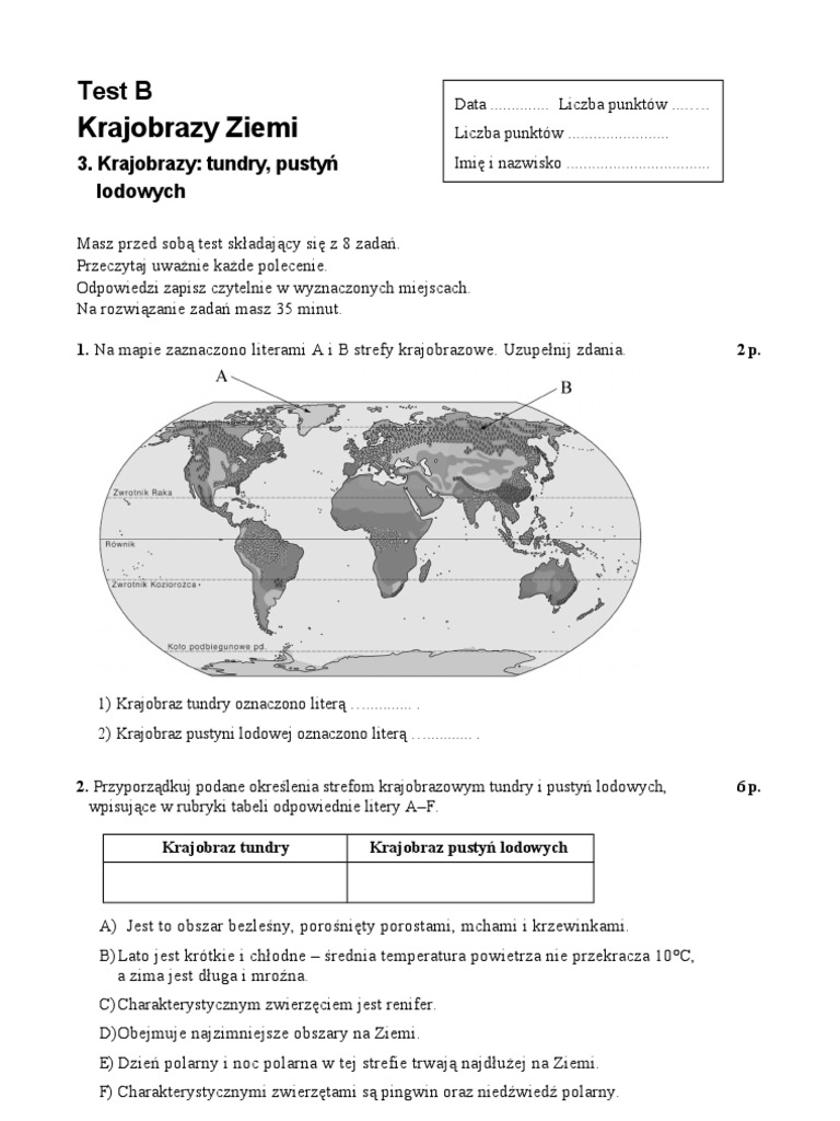 Przyroda Klasa 6 Krajobrazy Ziemi Sprawdzian