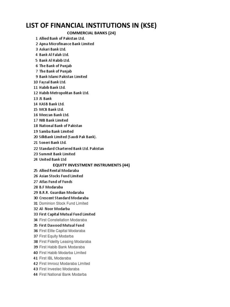 List of Financial Institutions in Kse Xle PDF Investment Banking Securities (Finance)