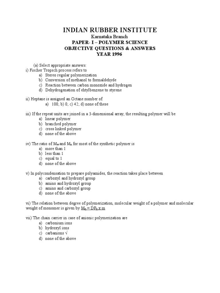Polymer Science Objective Questions 1996-2000 | PDF | Polymerization ...
