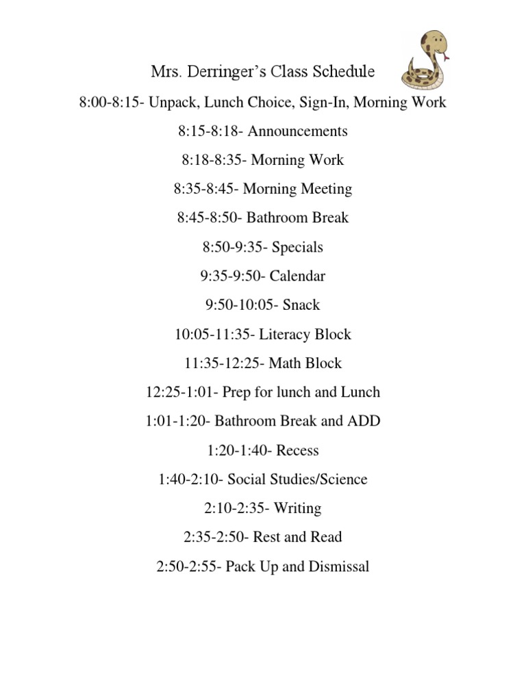 Mrs. Derringer's Class Daily Schedule | PDF