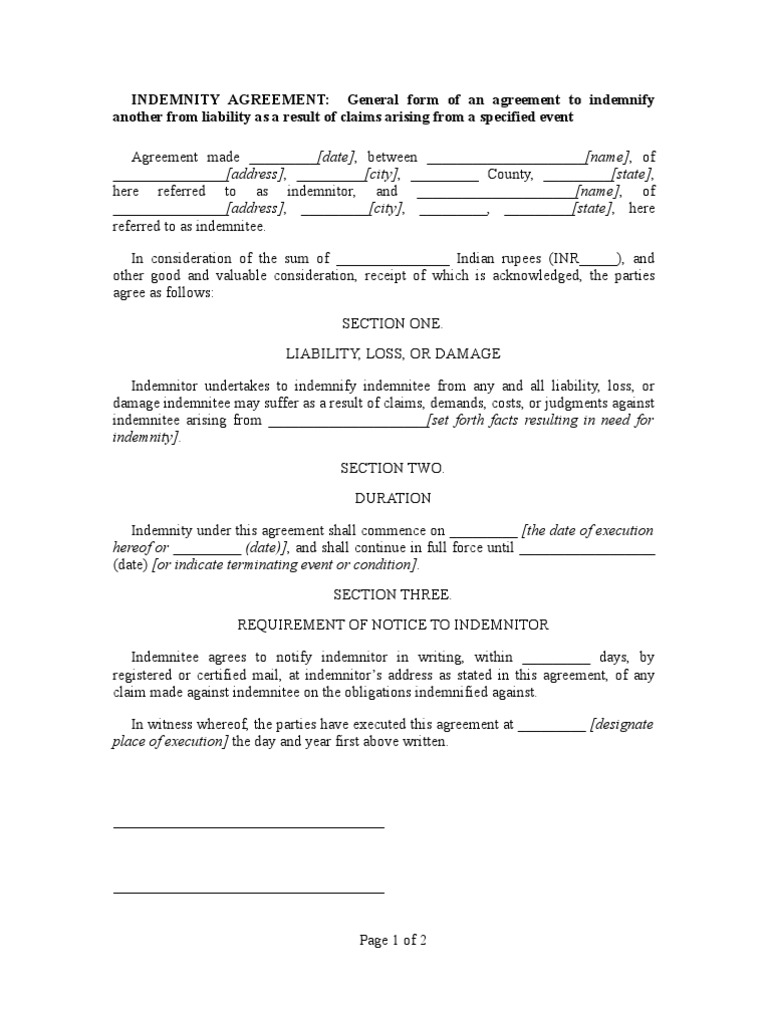 Indemnity Agreement Template | PDF