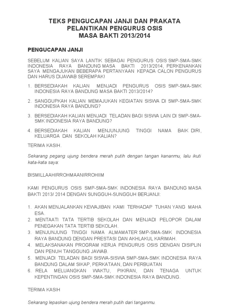 Teks Pengucapan Janji Dan Prakata Pelantikan Pengurus OSIS