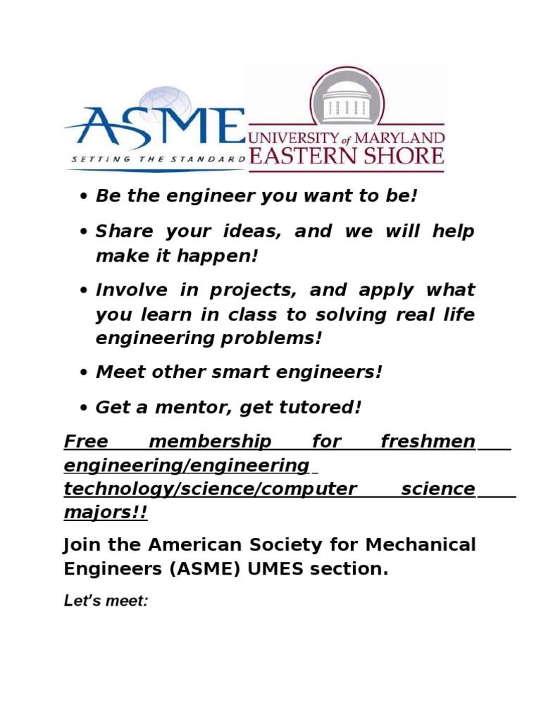 Join The American Society For Mechanical Engineers (ASME) UMES Section ...
