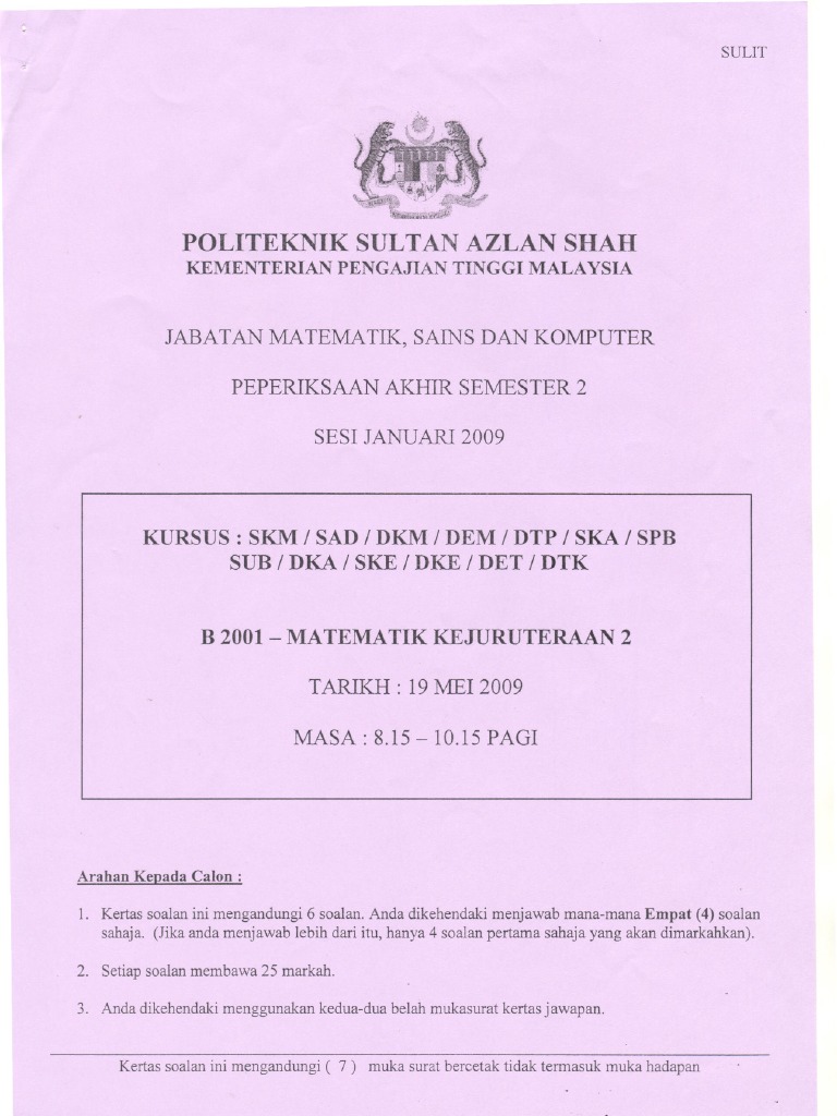 Soalan Matematik Kejuruteraan Semester 2 - Julai 2009