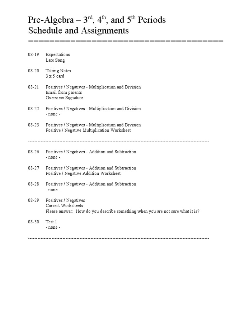 Pre-Algebra Class Schedule & Tasks | PDF