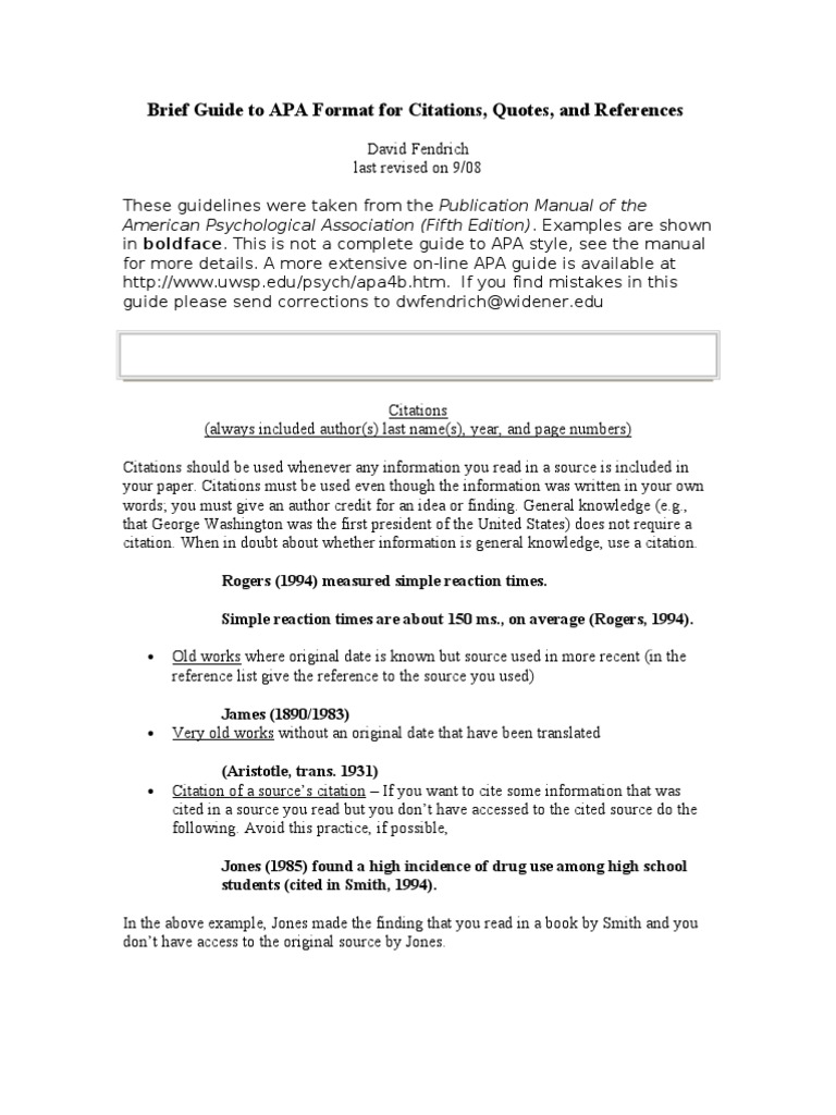 Brief Guide to APA Format for Citations Citation Apa