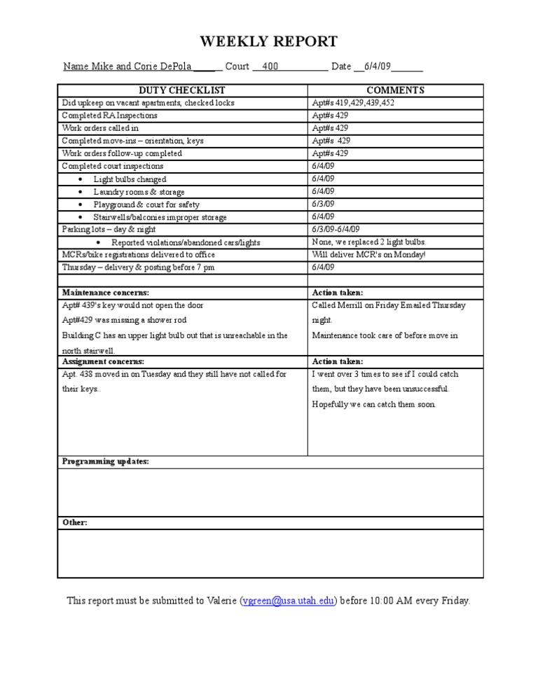 Weekly Report 2009 | PDF
